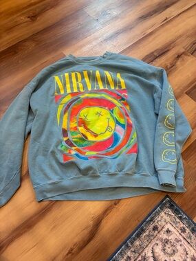Urban Outfitters Teal Crewneck Sweatshirt with Multicolor Nirvana Graphic